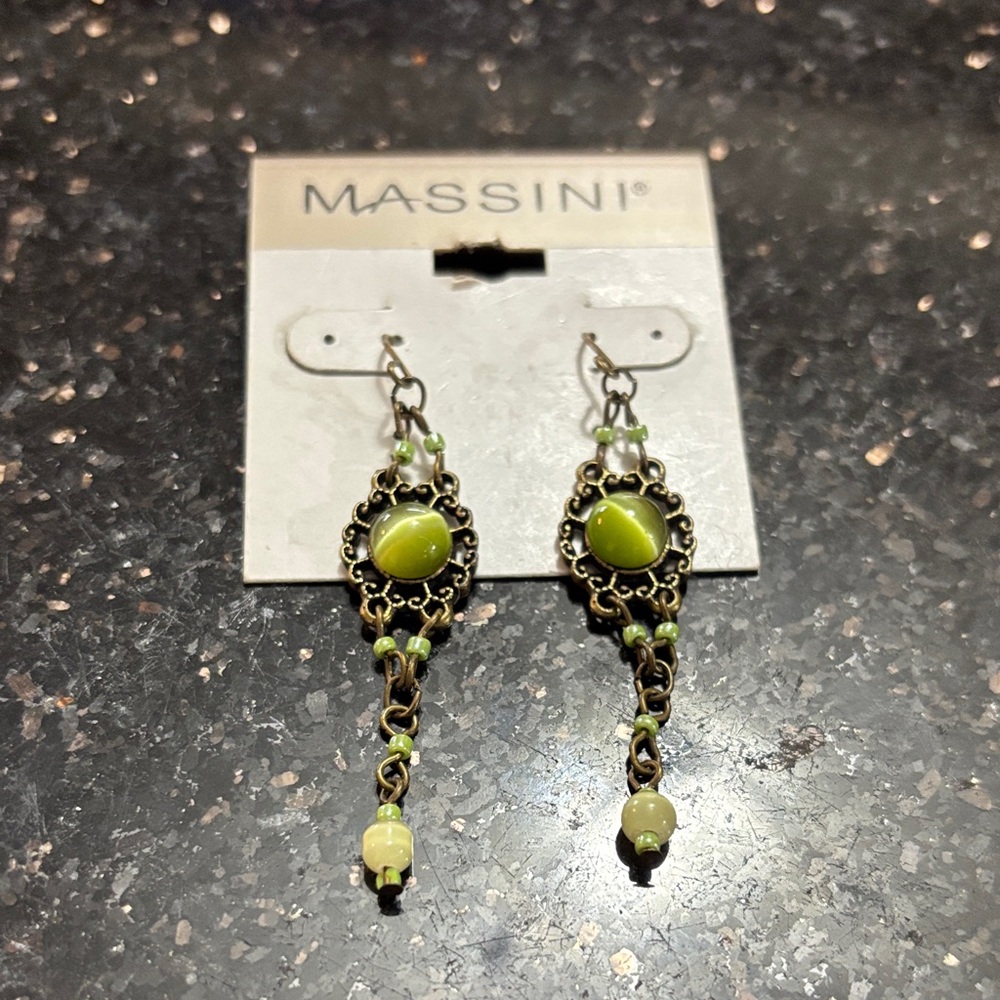Massini olive green beads with a antique brass chandelier earrings